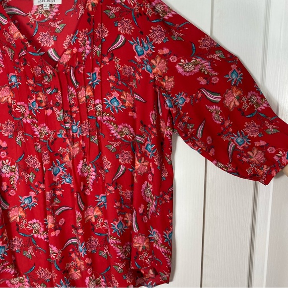 nwot ROSE OLIVE Blouse 1X Floral Pleated V-Neck Puff-Balloon-3/4-Long-Sl 5Button - Picture 4 of 12
